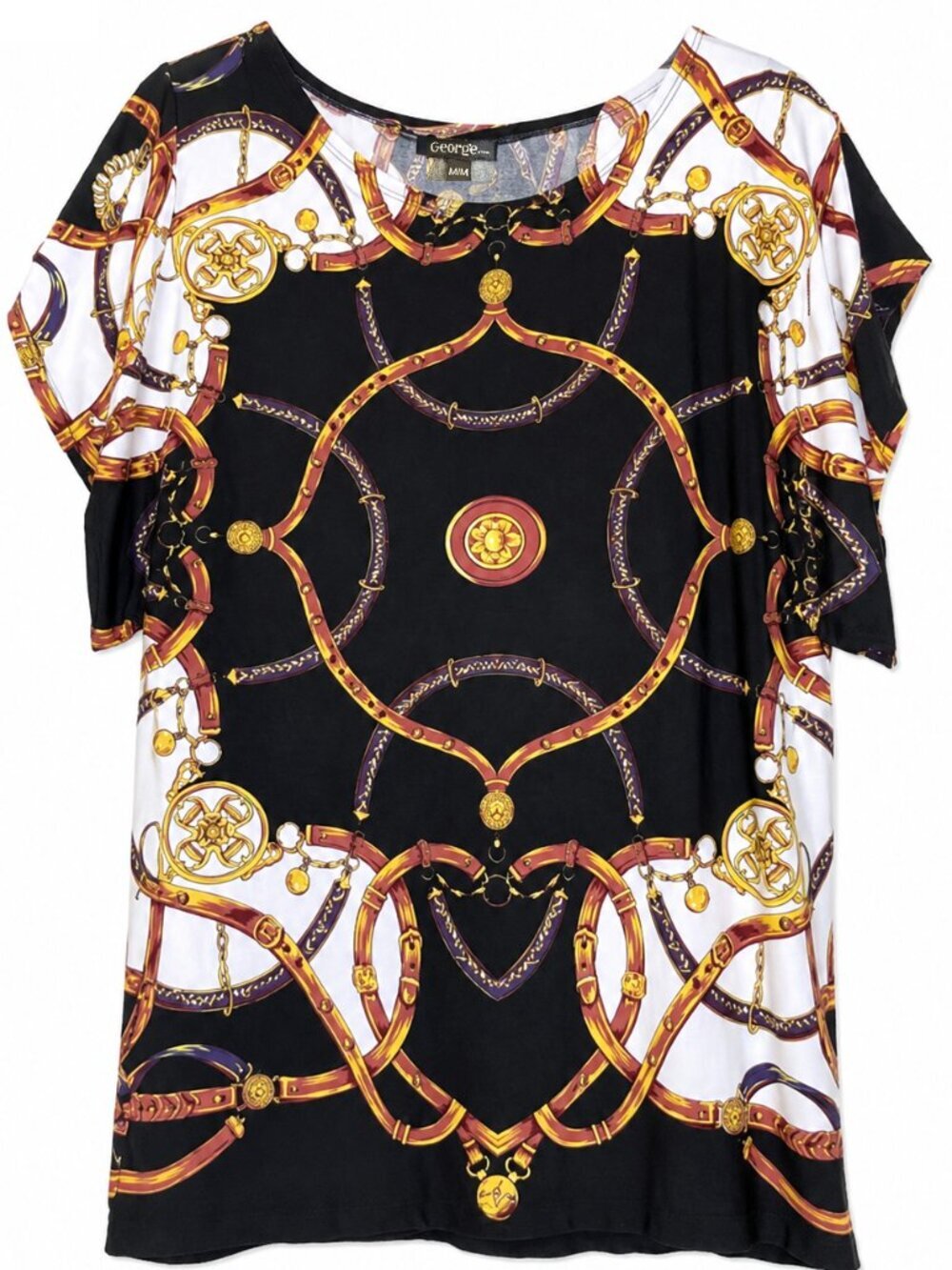 George Tunic Med Black White Gold Chain-Print Dolman Sleeve Stretch Lightweight